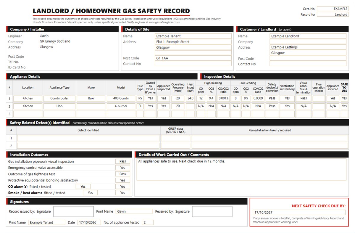 Example landlord gas safety record (CP12) with dummy details